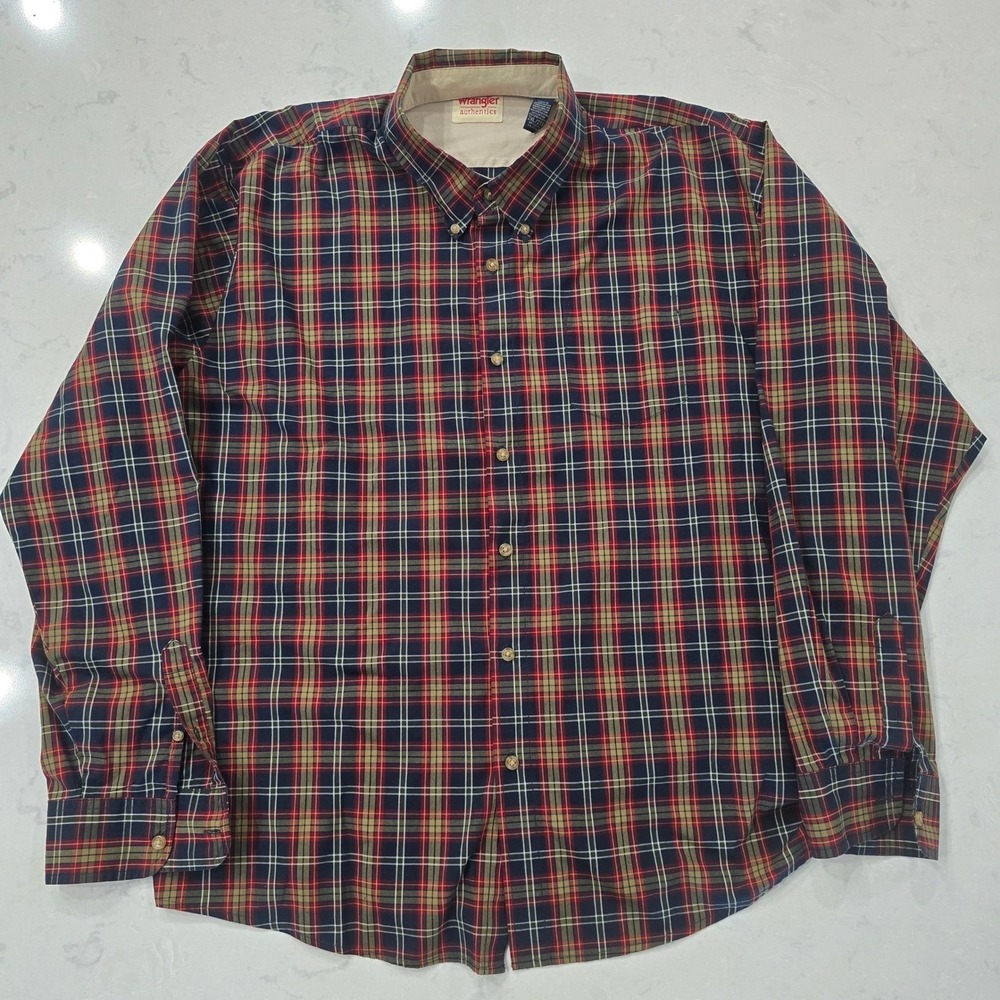 Wrangler Authentics Mens 2XL Plaid Flannel Shirt Red Navy Khaki Workwear